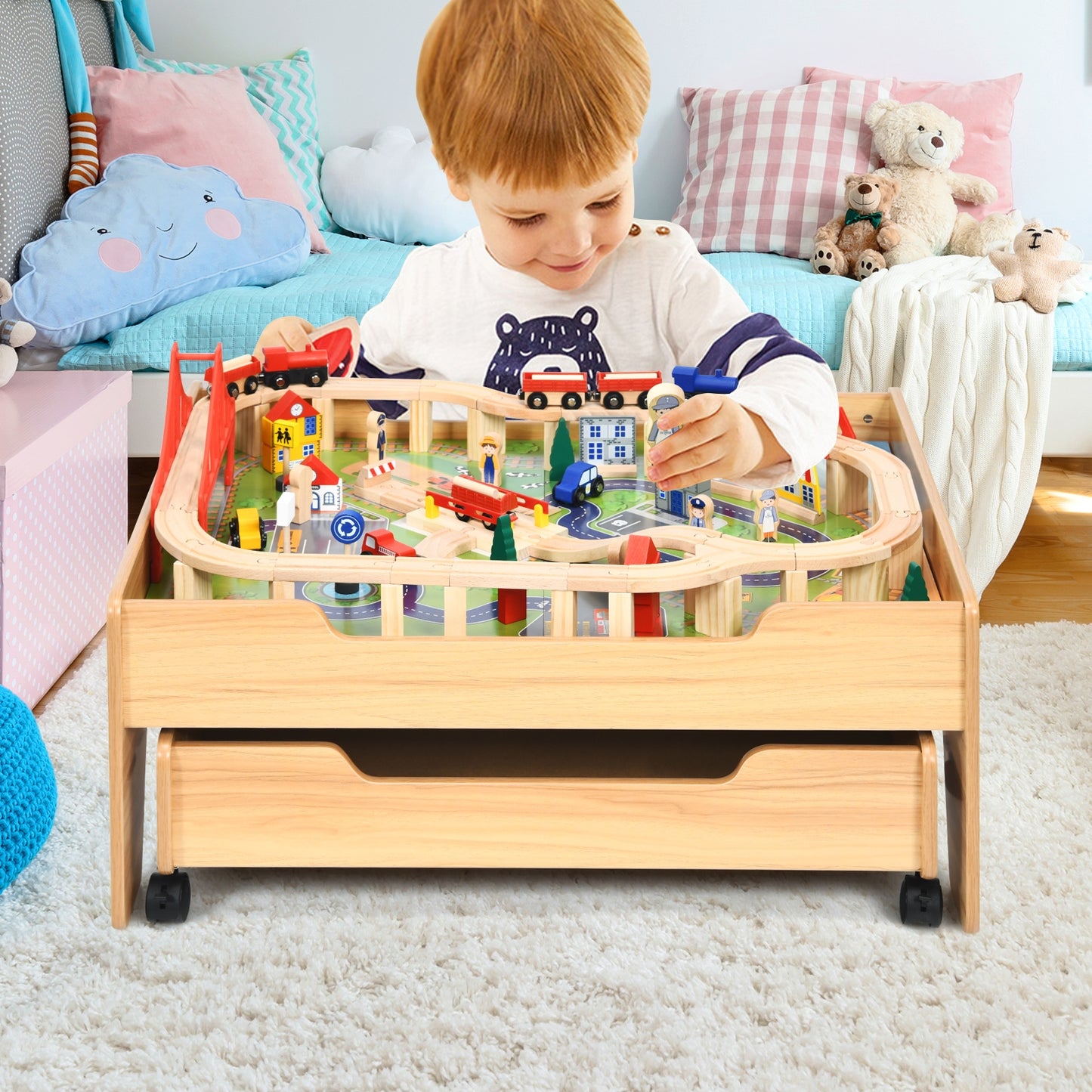 Children's Wooden Railway Set Table with 100 Pieces Storage Drawers Kids Crystal