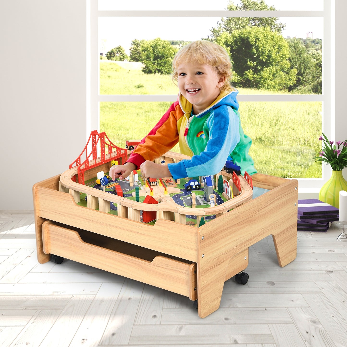 Children's Wooden Railway Set Table with 100 Pieces Storage Drawers Kids Crystal