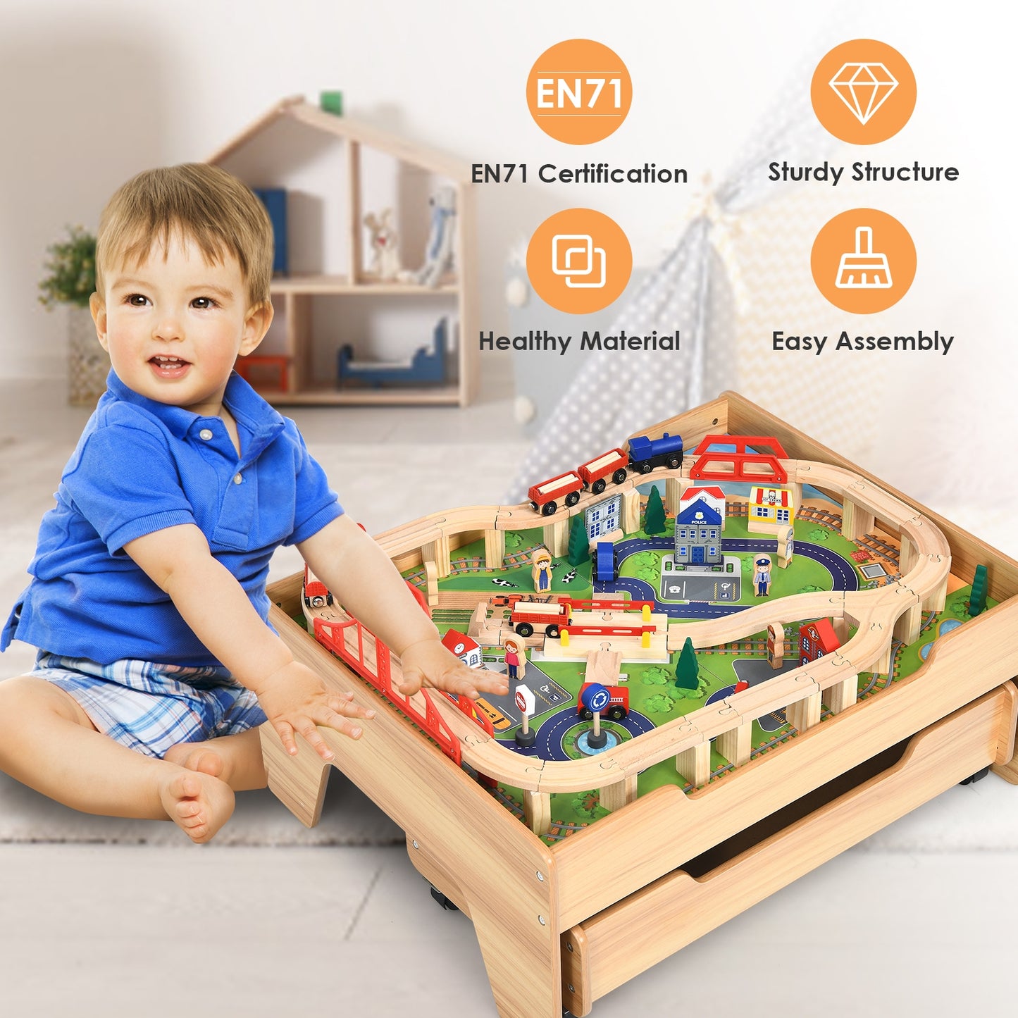 Children's Wooden Railway Set Table with 100 Pieces Storage Drawers Kids Crystal