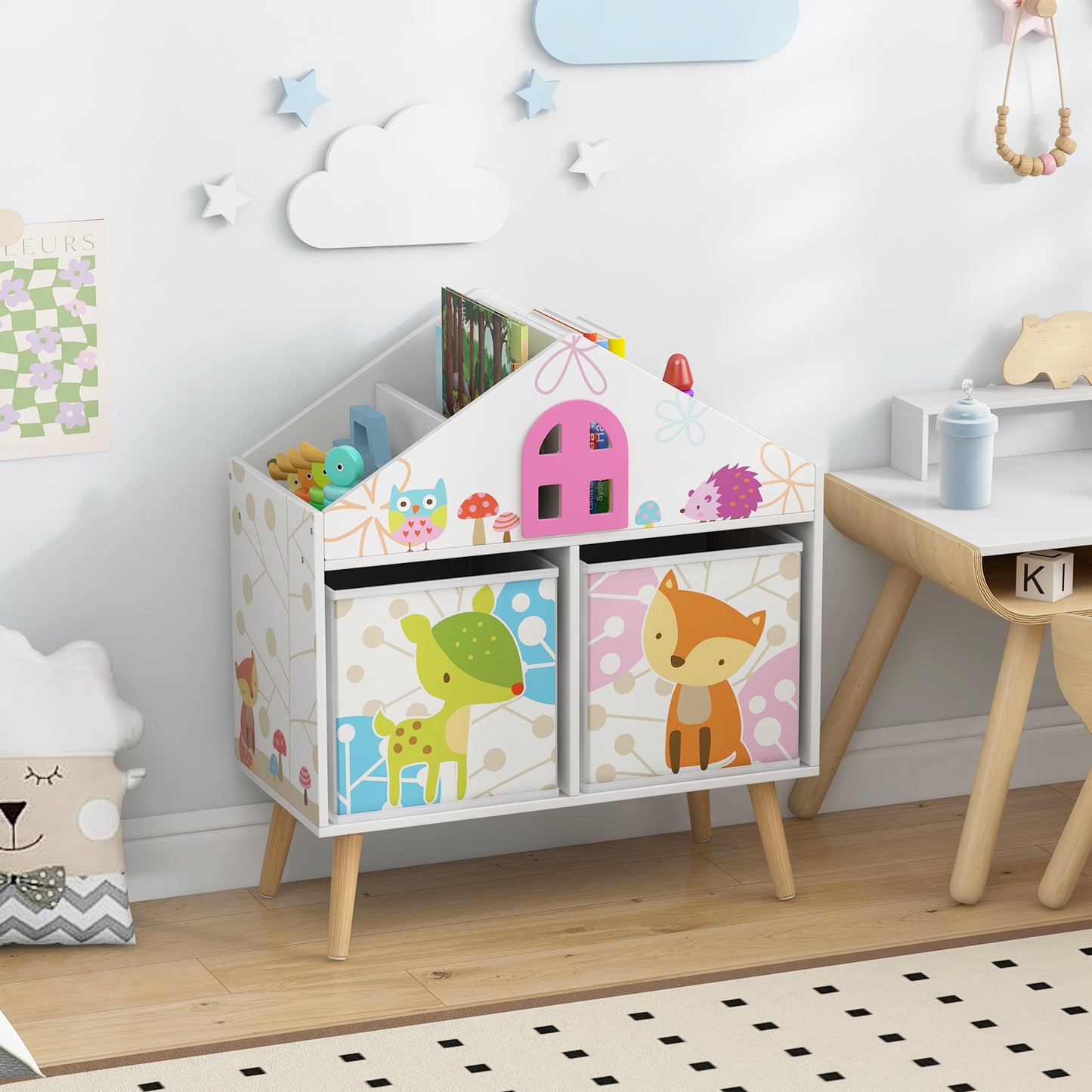 Kids House-shaped Bookshelf with 2 Storage Bins for Kids Room Playroom-White Kids Crystal