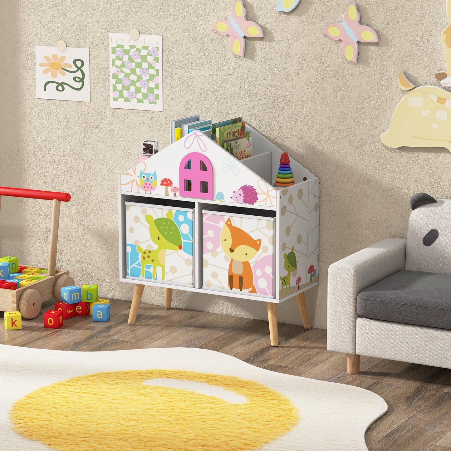 Kids House-shaped Bookshelf with 2 Storage Bins for Kids Room Playroom-White Kids Crystal