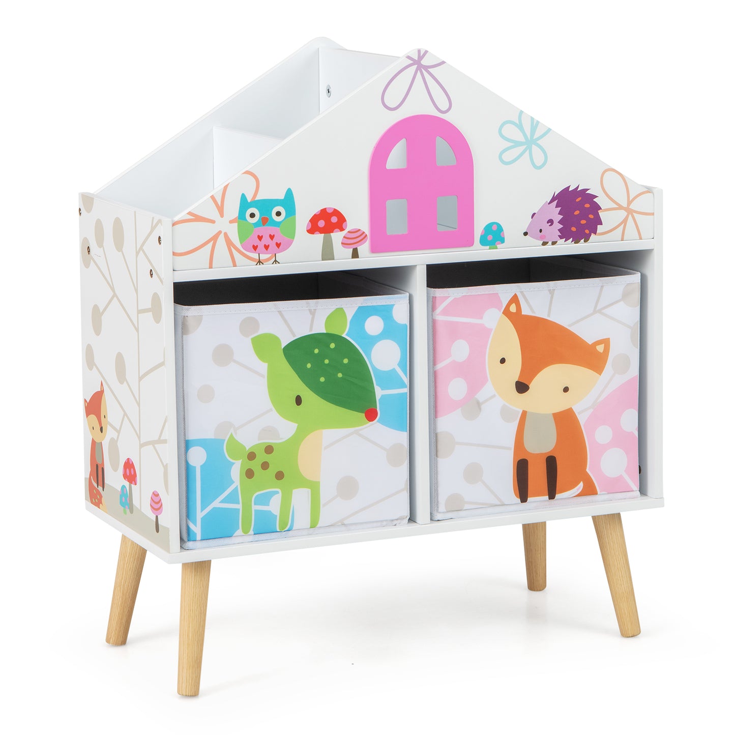 Kids House-shaped Bookshelf with 2 Storage Bins for Kids Room Playroom-White Kids Crystal