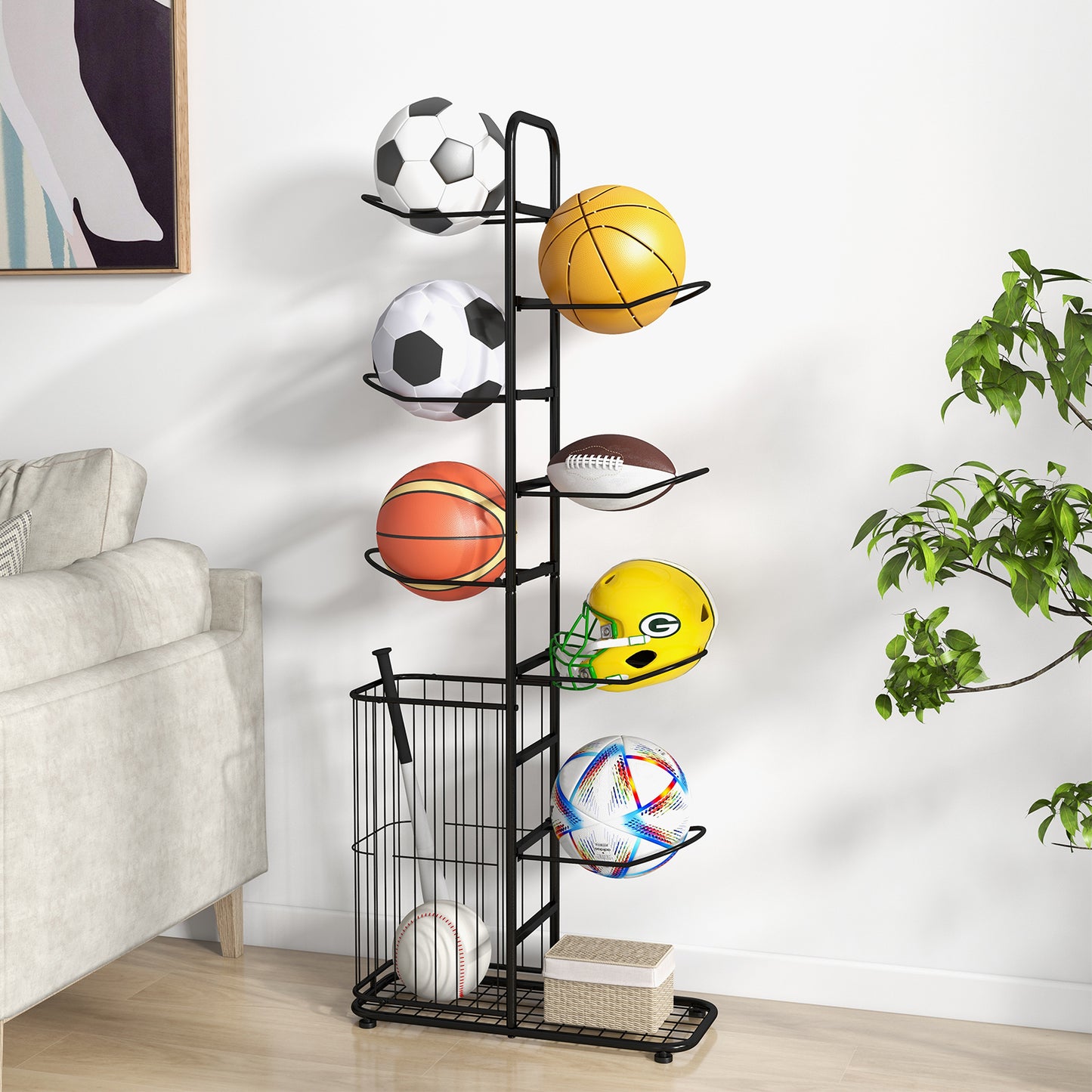 Metal Basketball Holder with 7 Removable Hanging Rods and Side Ball Basket Kids Crystal