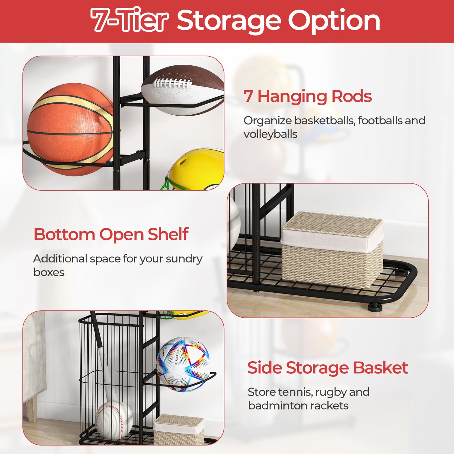 Metal Basketball Holder with 7 Removable Hanging Rods and Side Ball Basket Kids Crystal