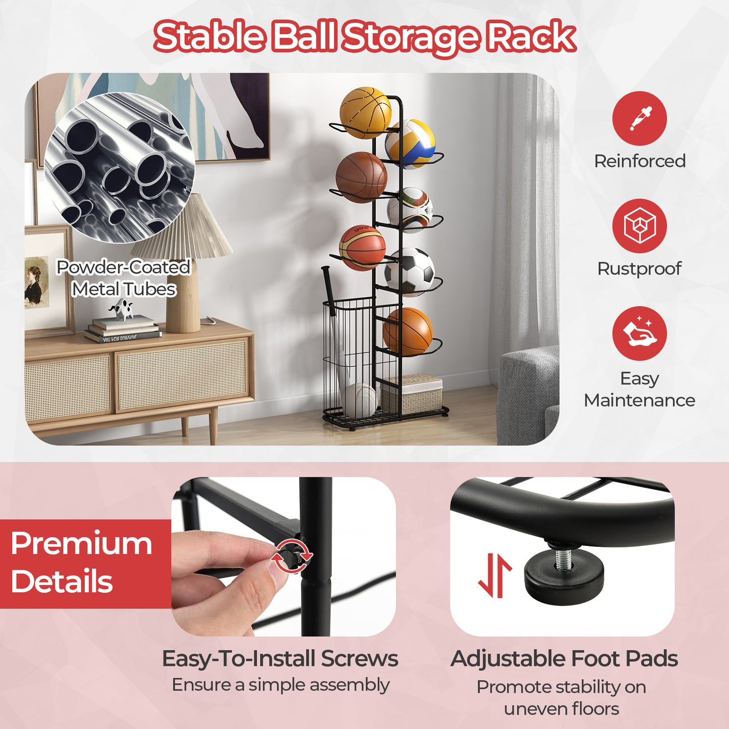 Metal Basketball Holder with 7 Removable Hanging Rods and Side Ball Basket Kids Crystal