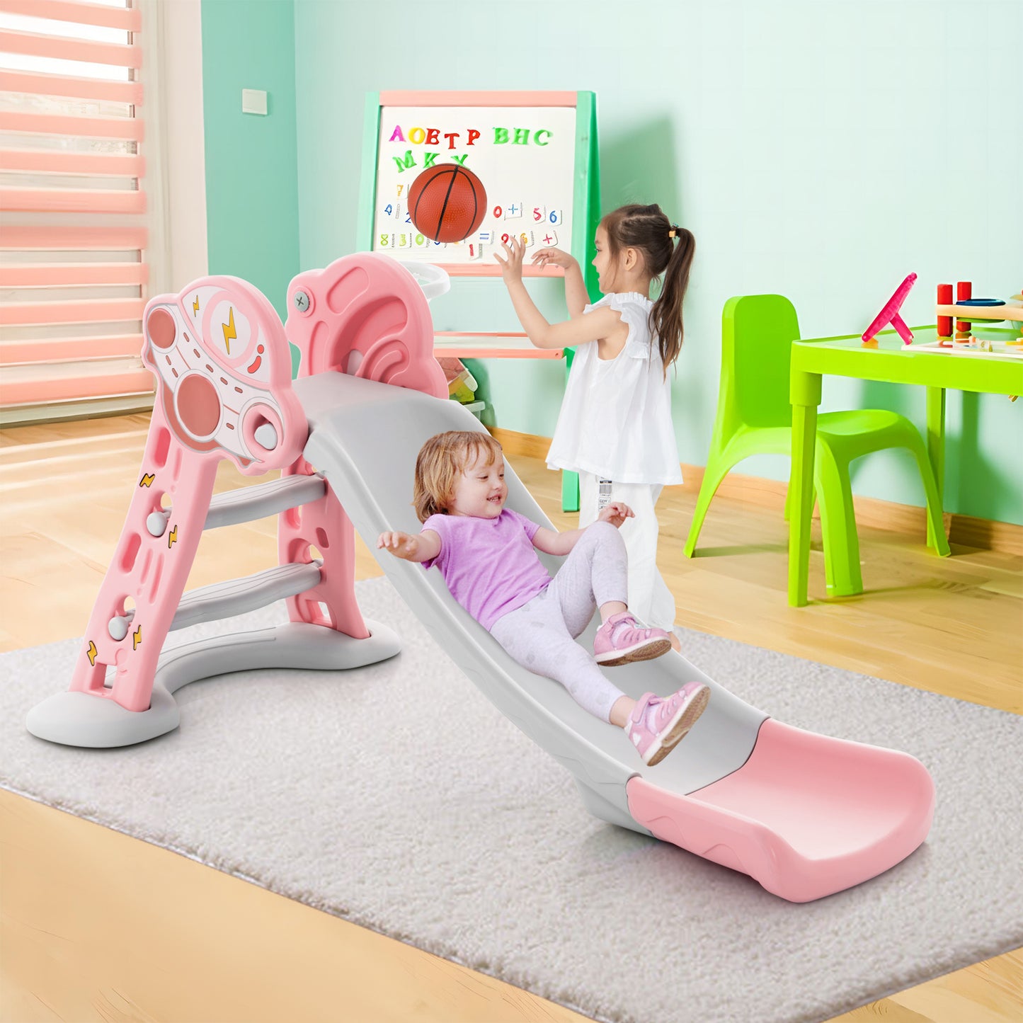 3-in-1 Folding Slide Playset with Basketball Hoop and Small Basketball-Pink Kids Crystal