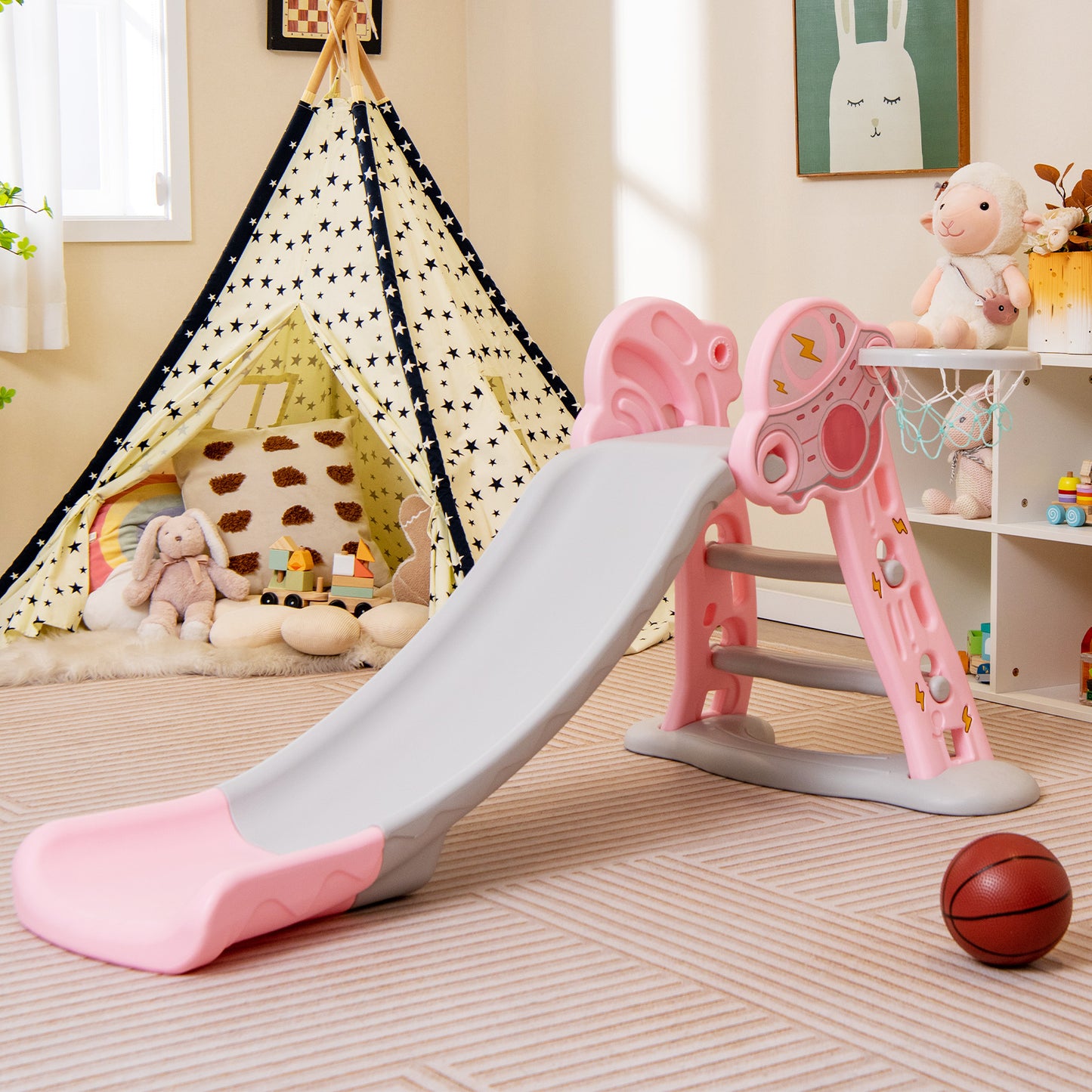 3-in-1 Folding Slide Playset with Basketball Hoop and Small Basketball-Pink Kids Crystal