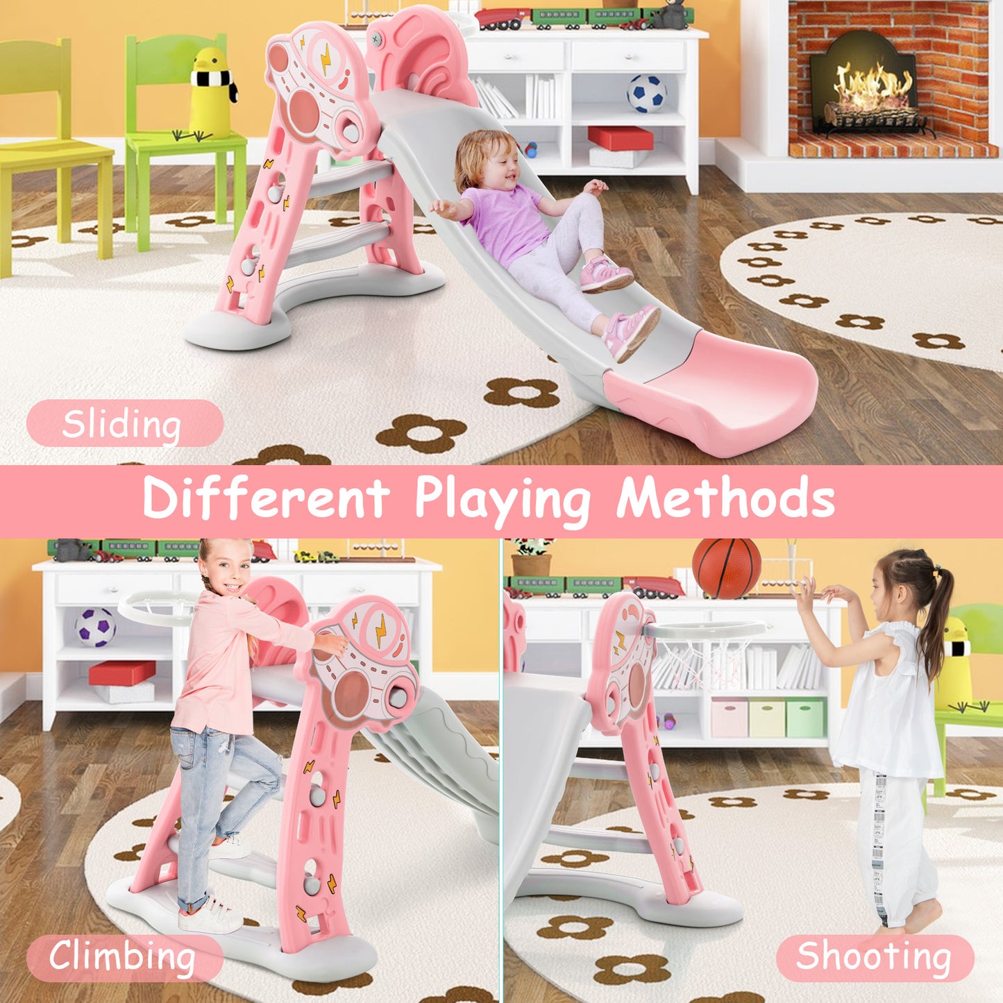 3-in-1 Folding Slide Playset with Basketball Hoop and Small Basketball-Pink Kids Crystal