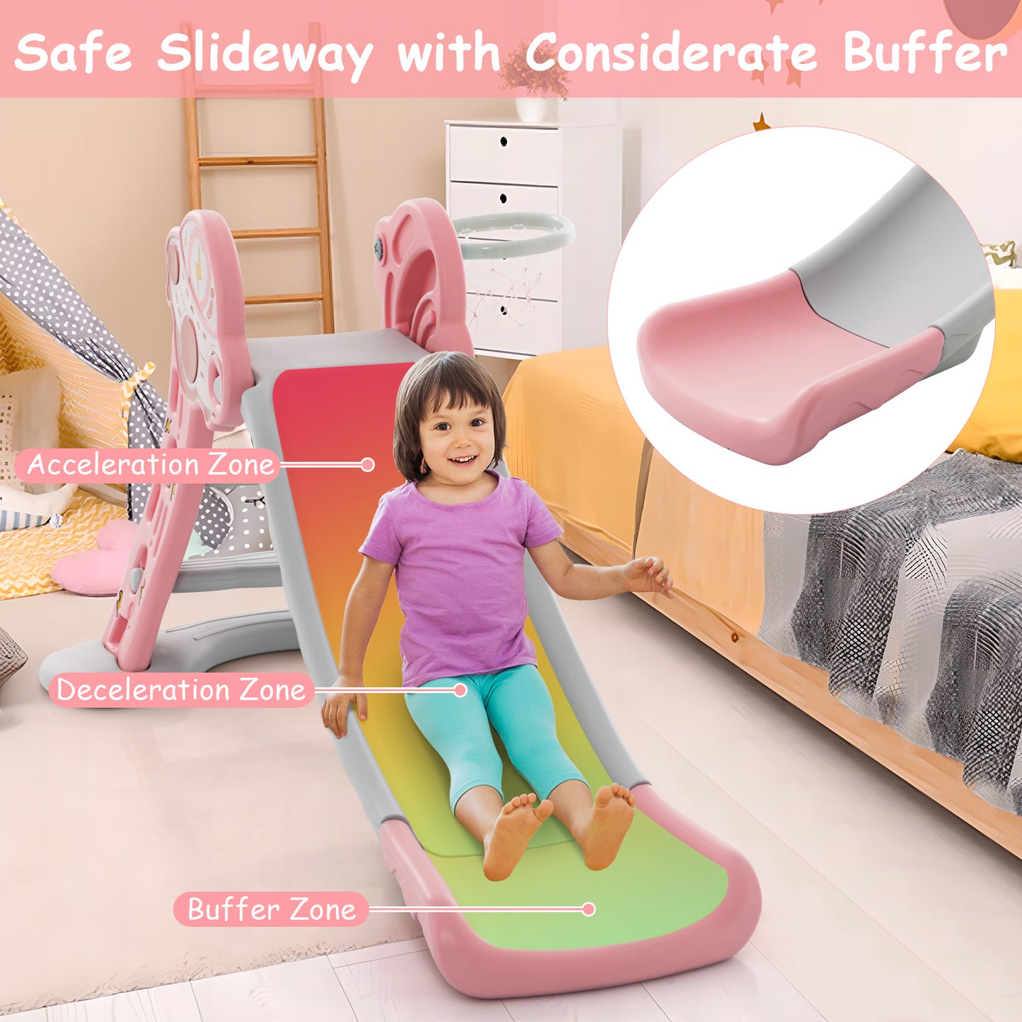3-in-1 Folding Slide Playset with Basketball Hoop and Small Basketball-Pink Kids Crystal