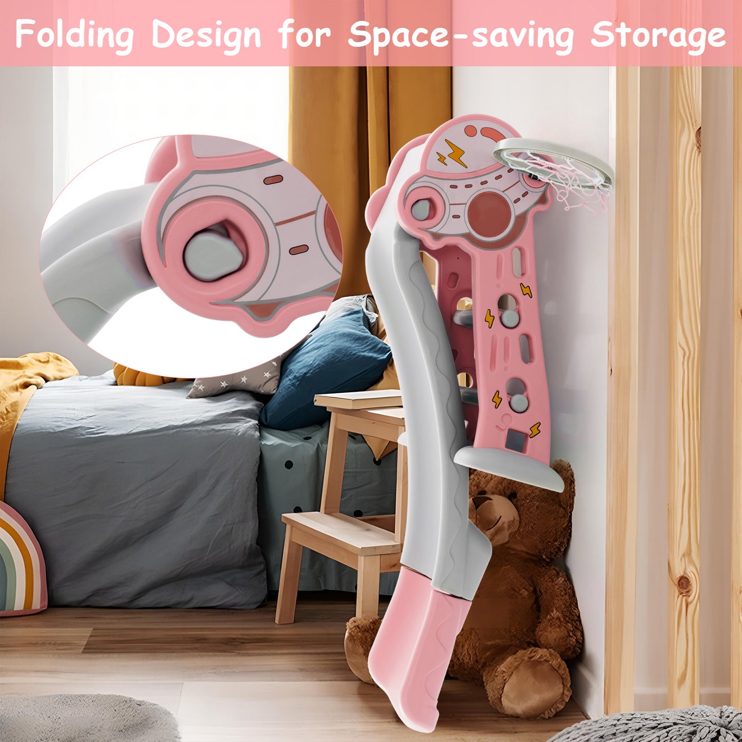 3-in-1 Folding Slide Playset with Basketball Hoop and Small Basketball-Pink Kids Crystal