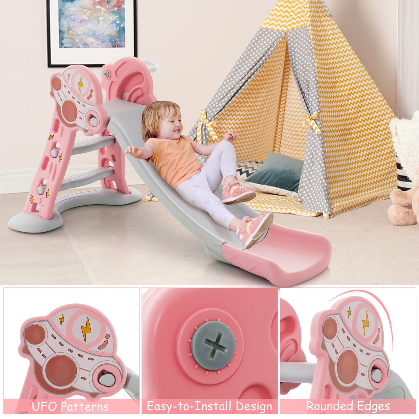 3-in-1 Folding Slide Playset with Basketball Hoop and Small Basketball-Pink Kids Crystal