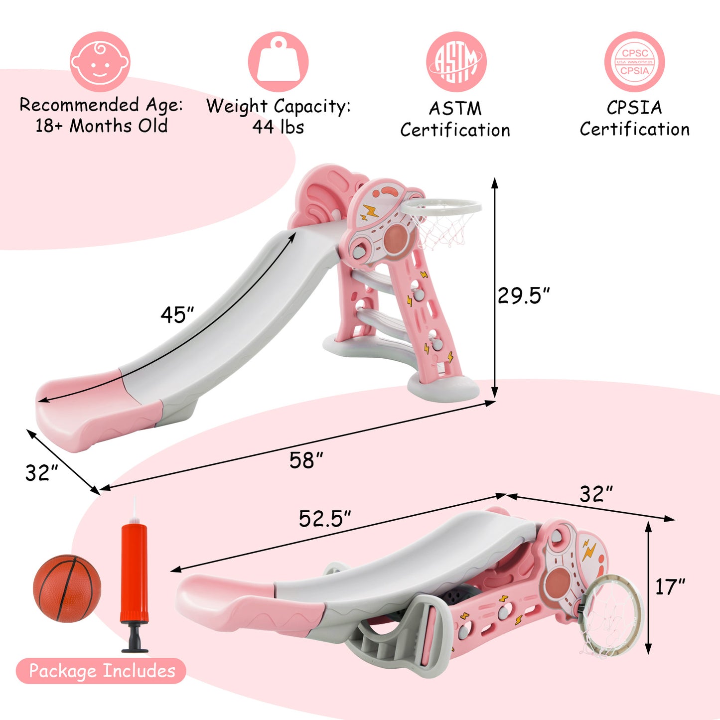 3-in-1 Folding Slide Playset with Basketball Hoop and Small Basketball-Pink Kids Crystal