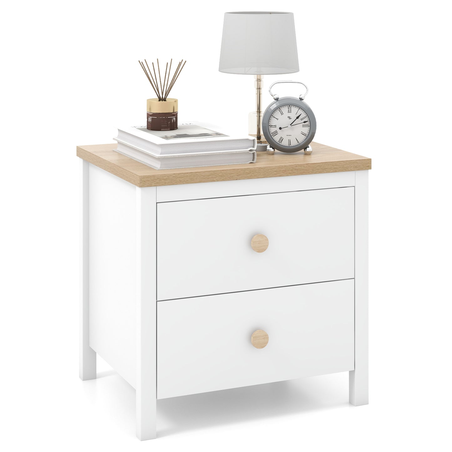 2-Drawer Nightstand with Rubber Wood Legs-White Kids Crystal