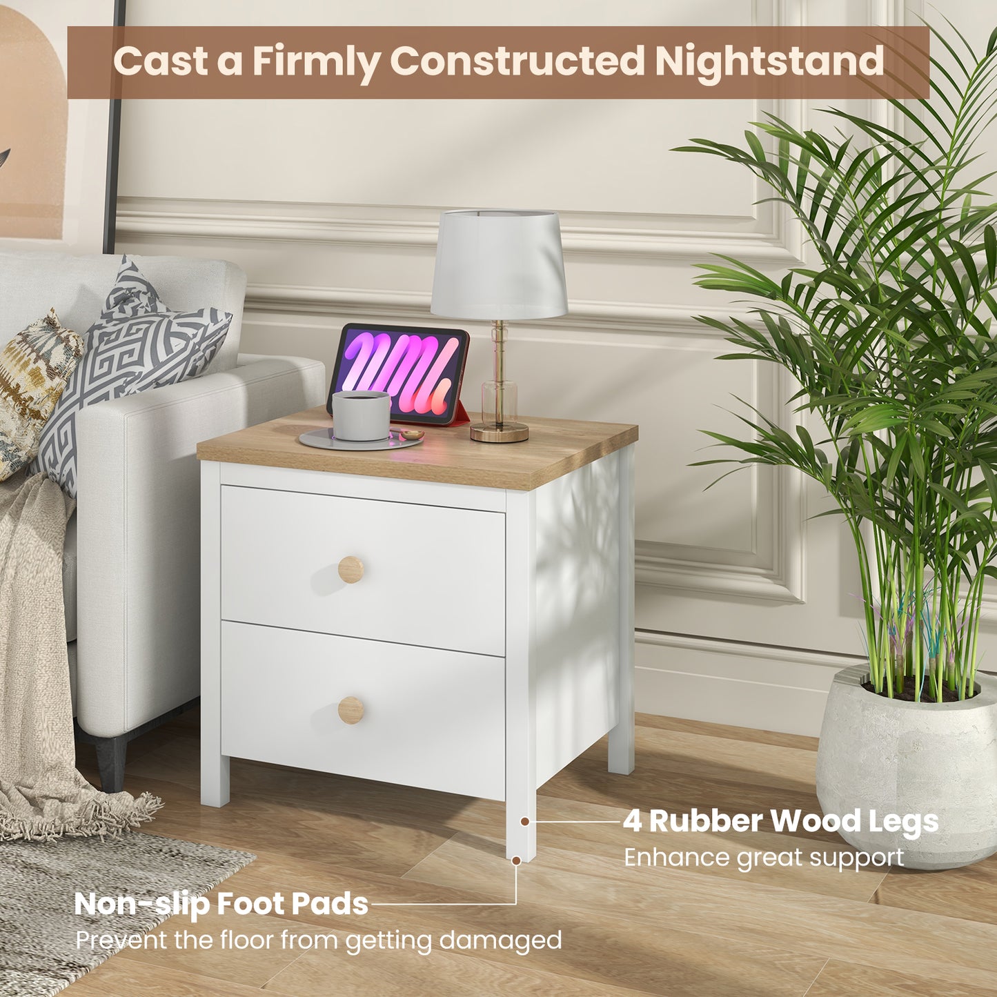 2-Drawer Nightstand with Rubber Wood Legs-White Kids Crystal