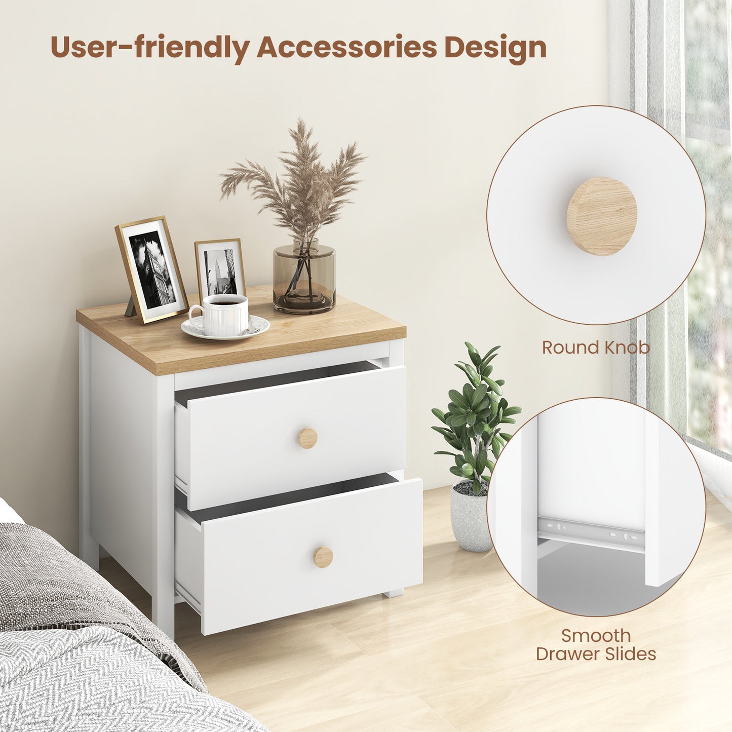 2-Drawer Nightstand with Rubber Wood Legs-White Kids Crystal