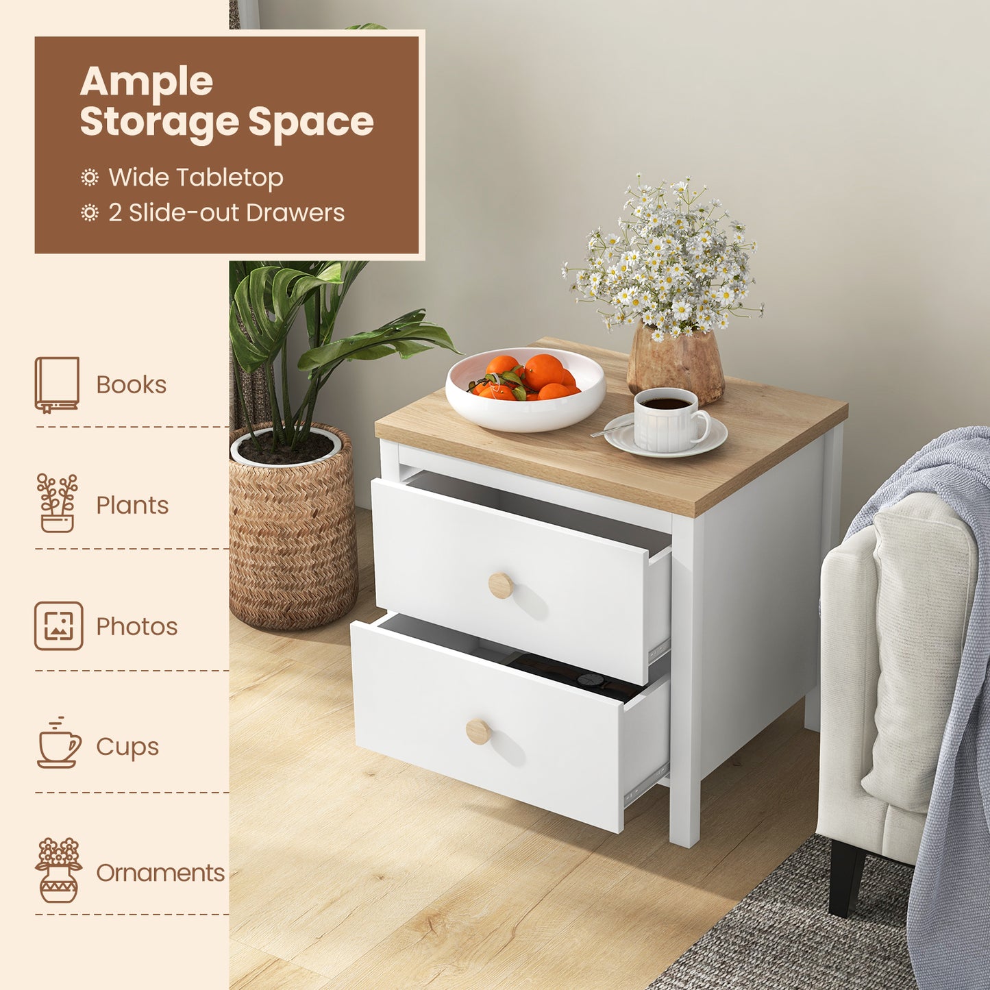 2-Drawer Nightstand with Rubber Wood Legs-White Kids Crystal