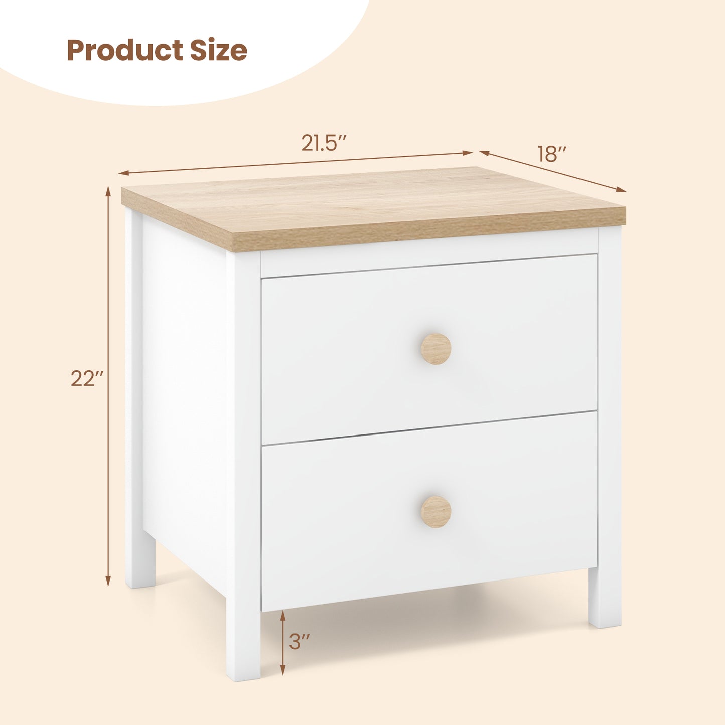 2-Drawer Nightstand with Rubber Wood Legs-White Kids Crystal