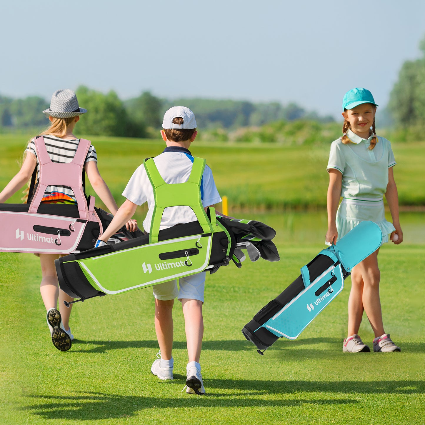 Junior Complete Golf Club Set with Stand Bag Rain Hood-Blue Kids Crystal