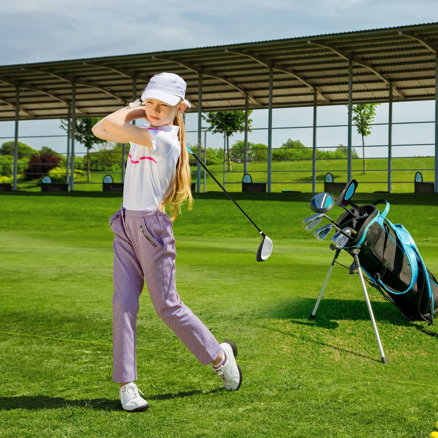Junior Complete Golf Club Set with Stand Bag Rain Hood-Blue Kids Crystal