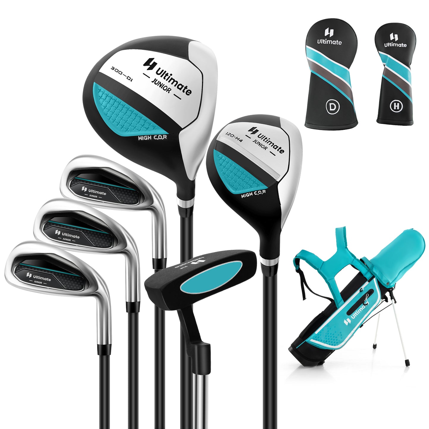 Junior Complete Golf Club Set with Stand Bag Rain Hood-Blue Kids Crystal