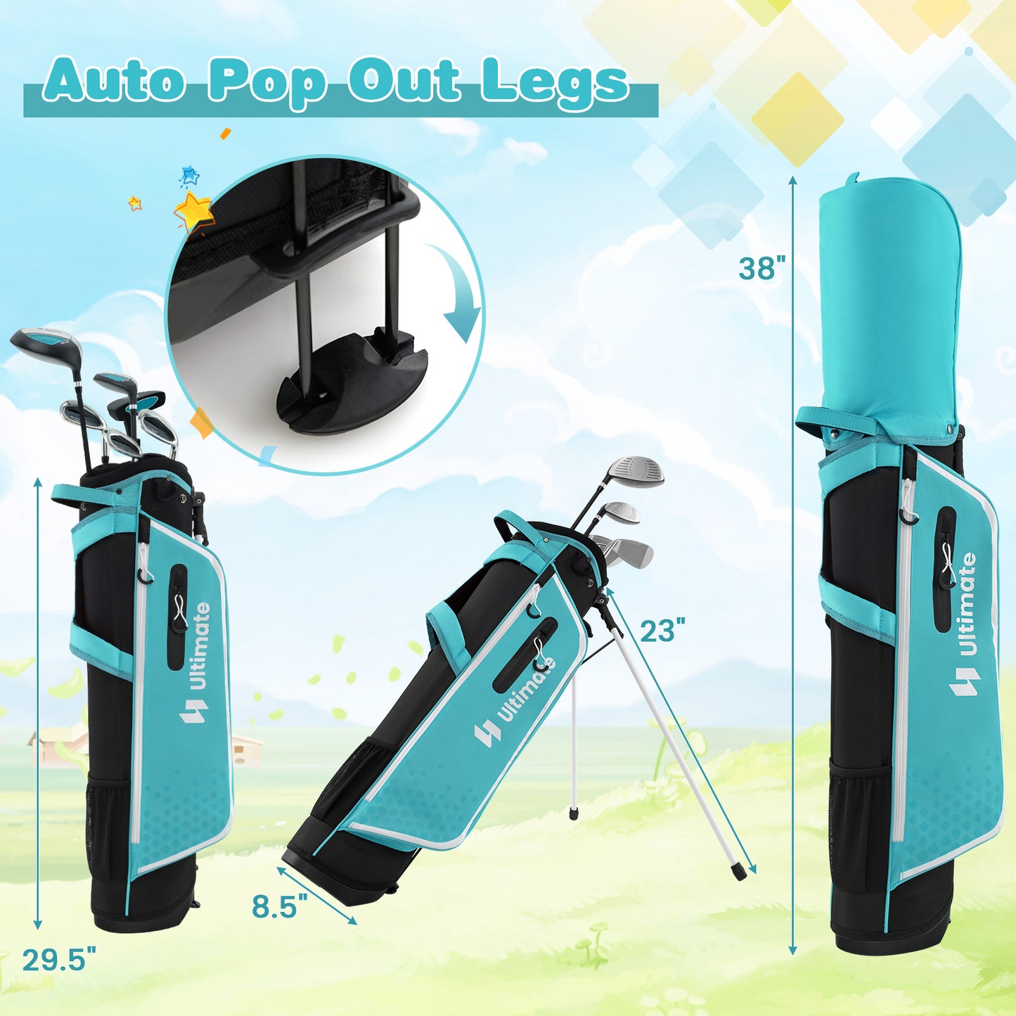 Junior Complete Golf Club Set with Stand Bag Rain Hood-Blue Kids Crystal