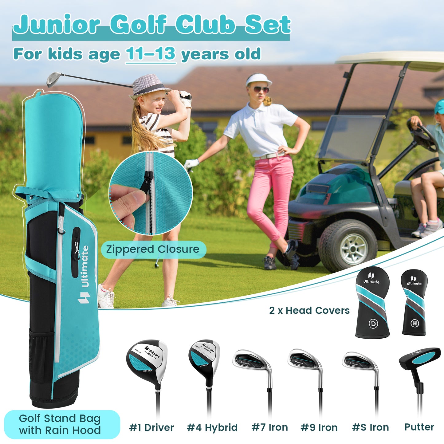 Junior Complete Golf Club Set with Stand Bag Rain Hood-Blue Kids Crystal