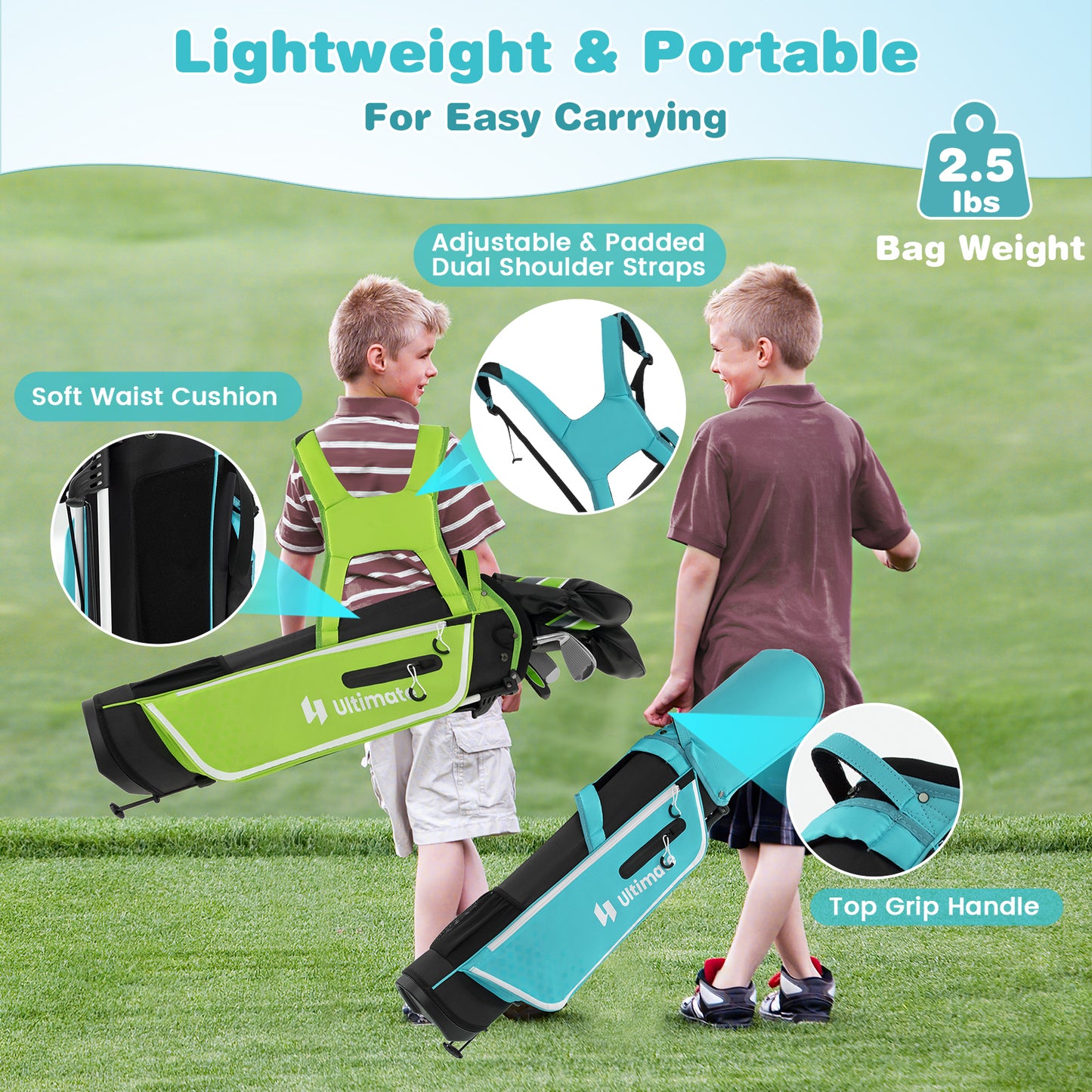 Junior Complete Golf Club Set with Stand Bag Rain Hood-Blue Kids Crystal