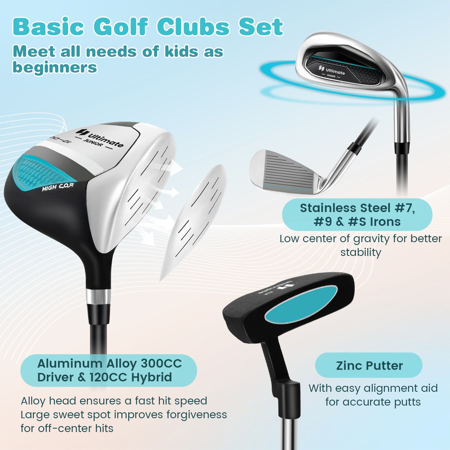 Junior Complete Golf Club Set with Stand Bag Rain Hood-Blue Kids Crystal