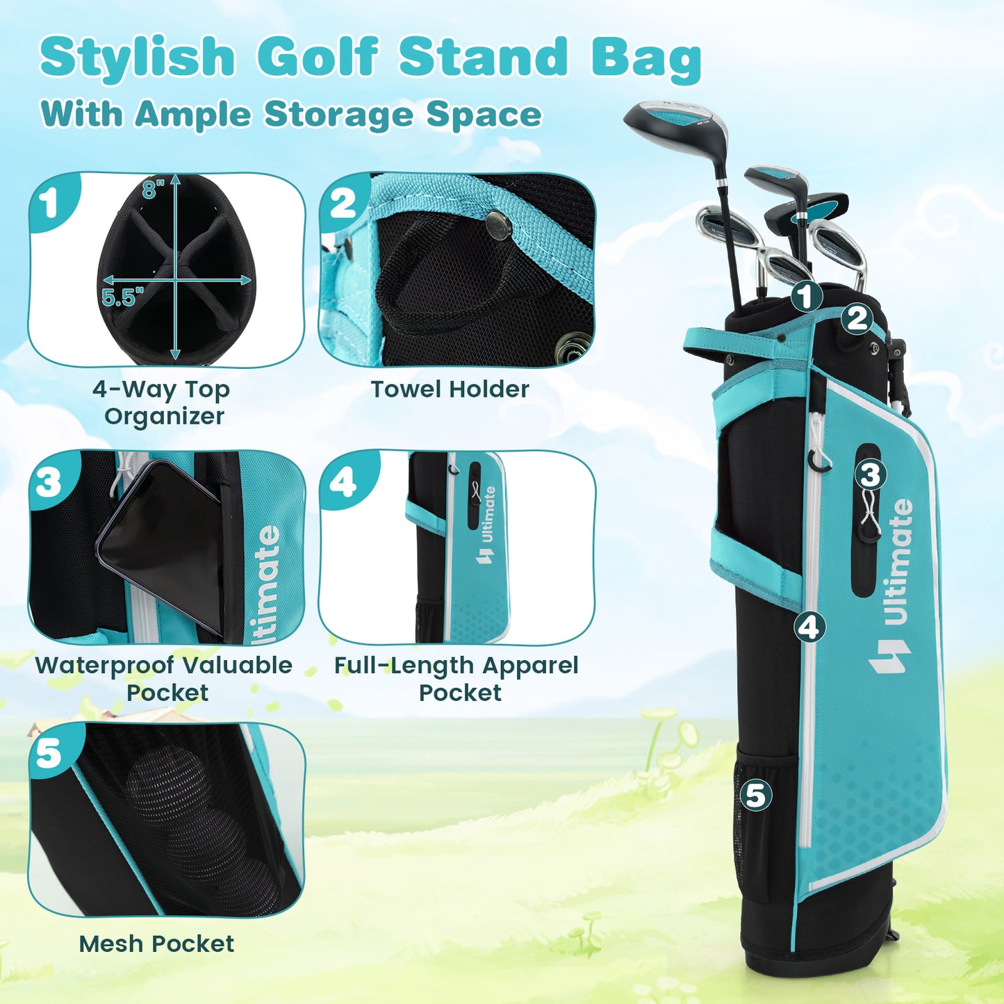 Junior Complete Golf Club Set with Stand Bag Rain Hood-Blue Kids Crystal