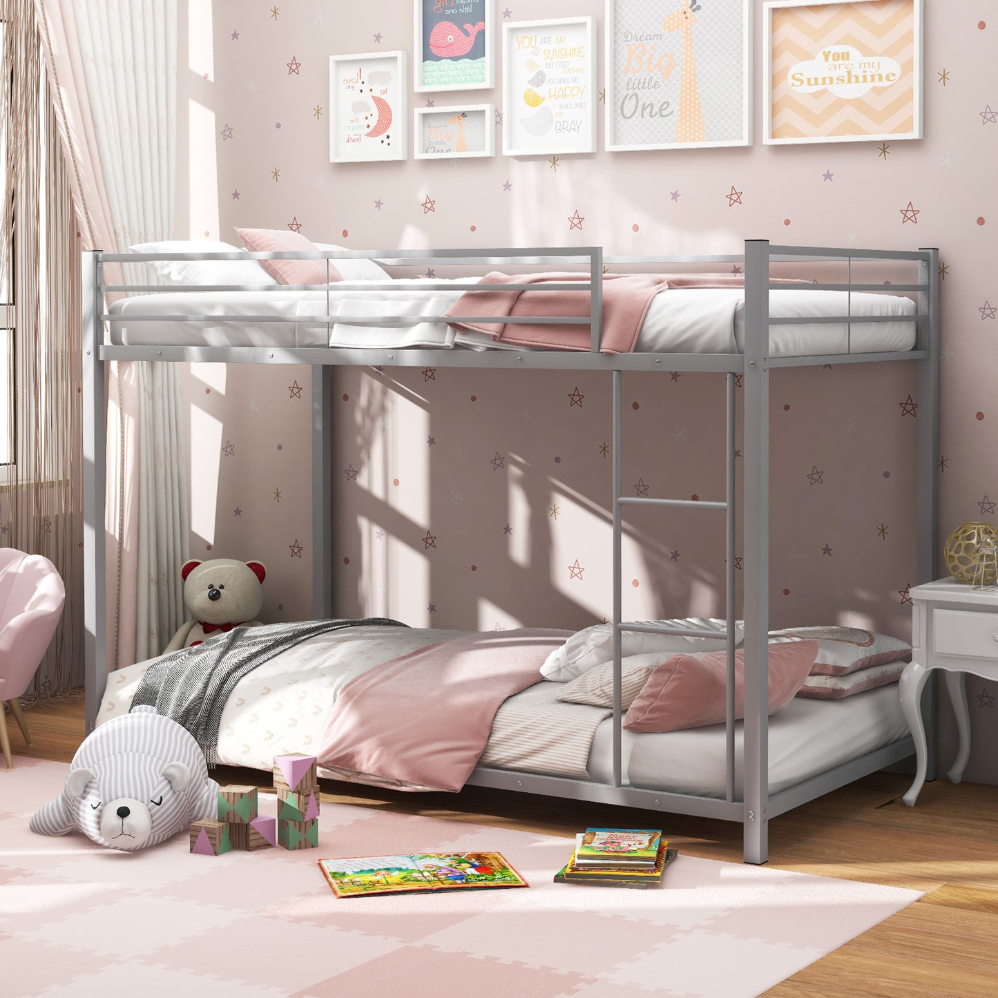 Low Profile Twin Over Twin Metal Bunk Bed with Full-length Guardrails-Silver Kids Crystal