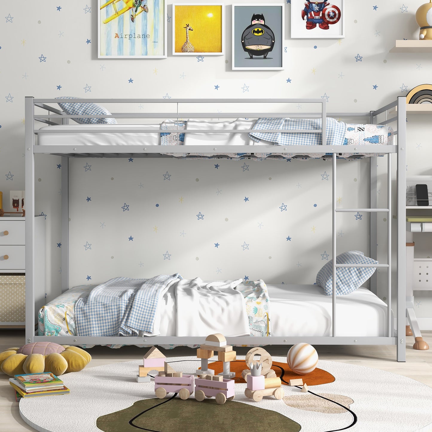 Low Profile Twin Over Twin Metal Bunk Bed with Full-length Guardrails-Silver Kids Crystal