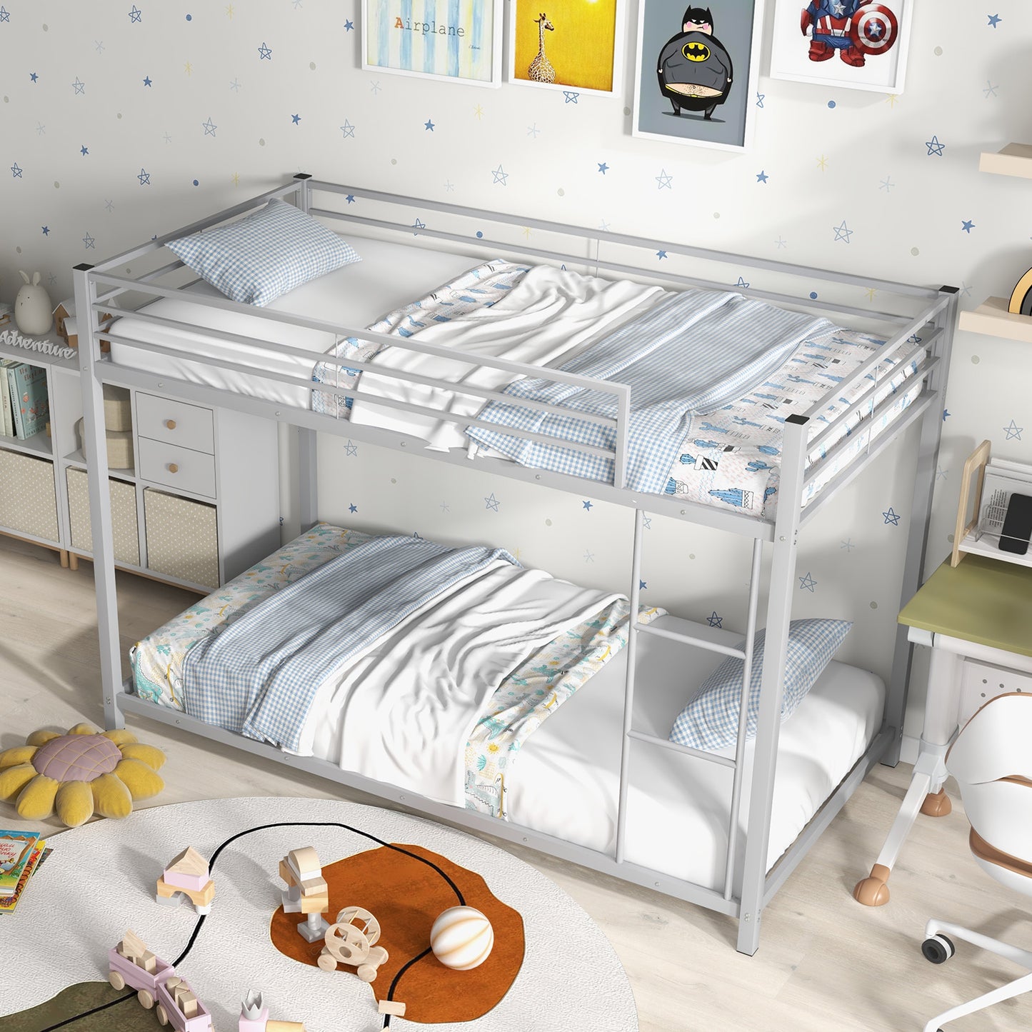 Low Profile Twin Over Twin Metal Bunk Bed with Full-length Guardrails-Silver Kids Crystal