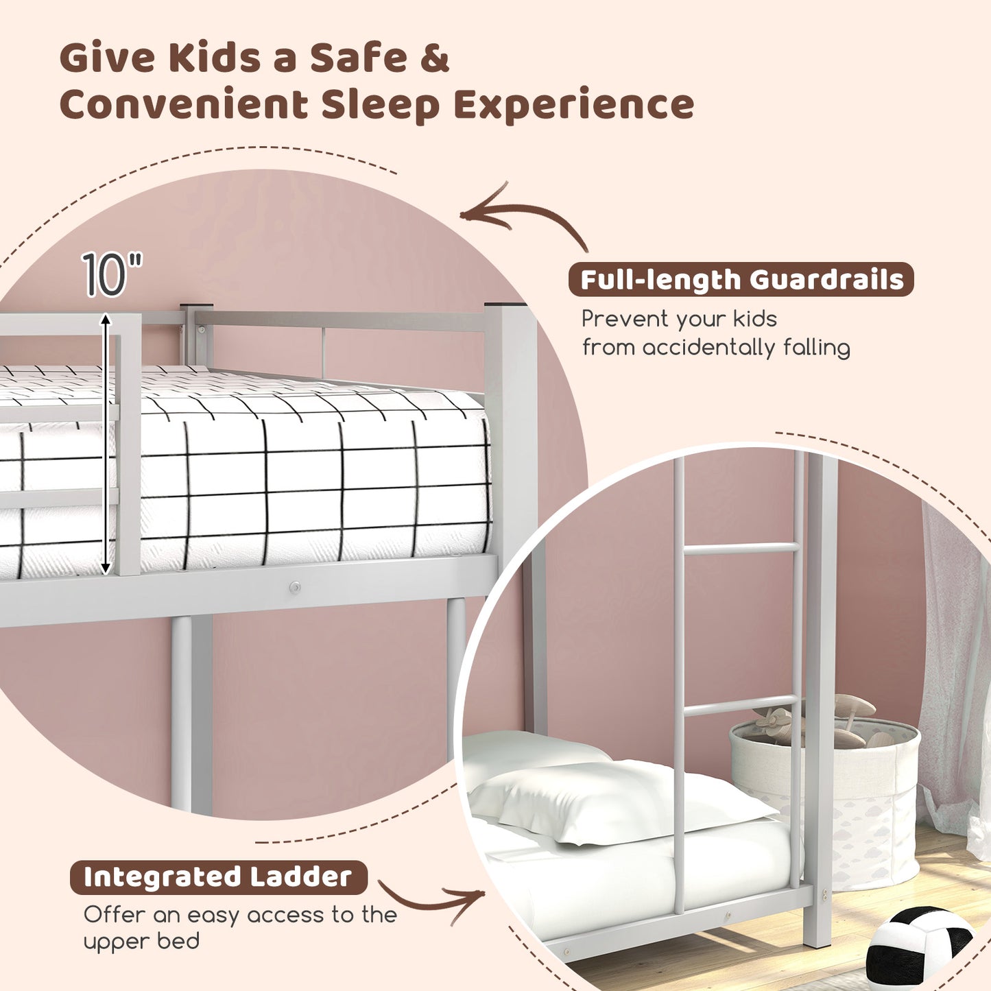 Low Profile Twin Over Twin Metal Bunk Bed with Full-length Guardrails-Silver Kids Crystal