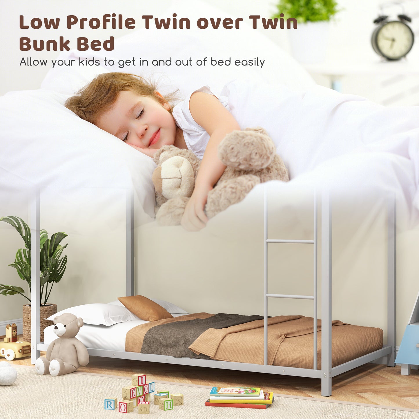 Low Profile Twin Over Twin Metal Bunk Bed with Full-length Guardrails-Silver Kids Crystal
