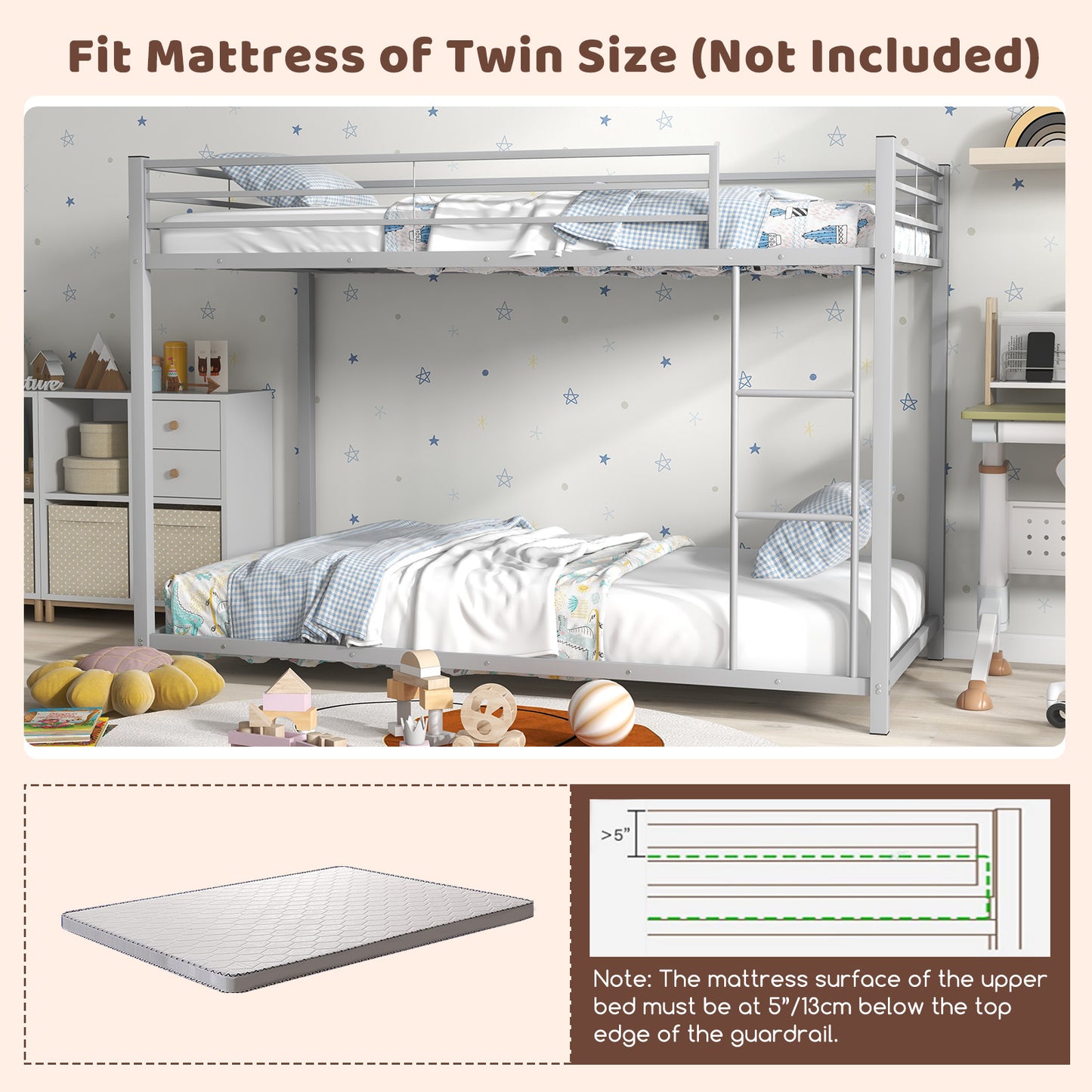 Low Profile Twin Over Twin Metal Bunk Bed with Full-length Guardrails-Silver Kids Crystal