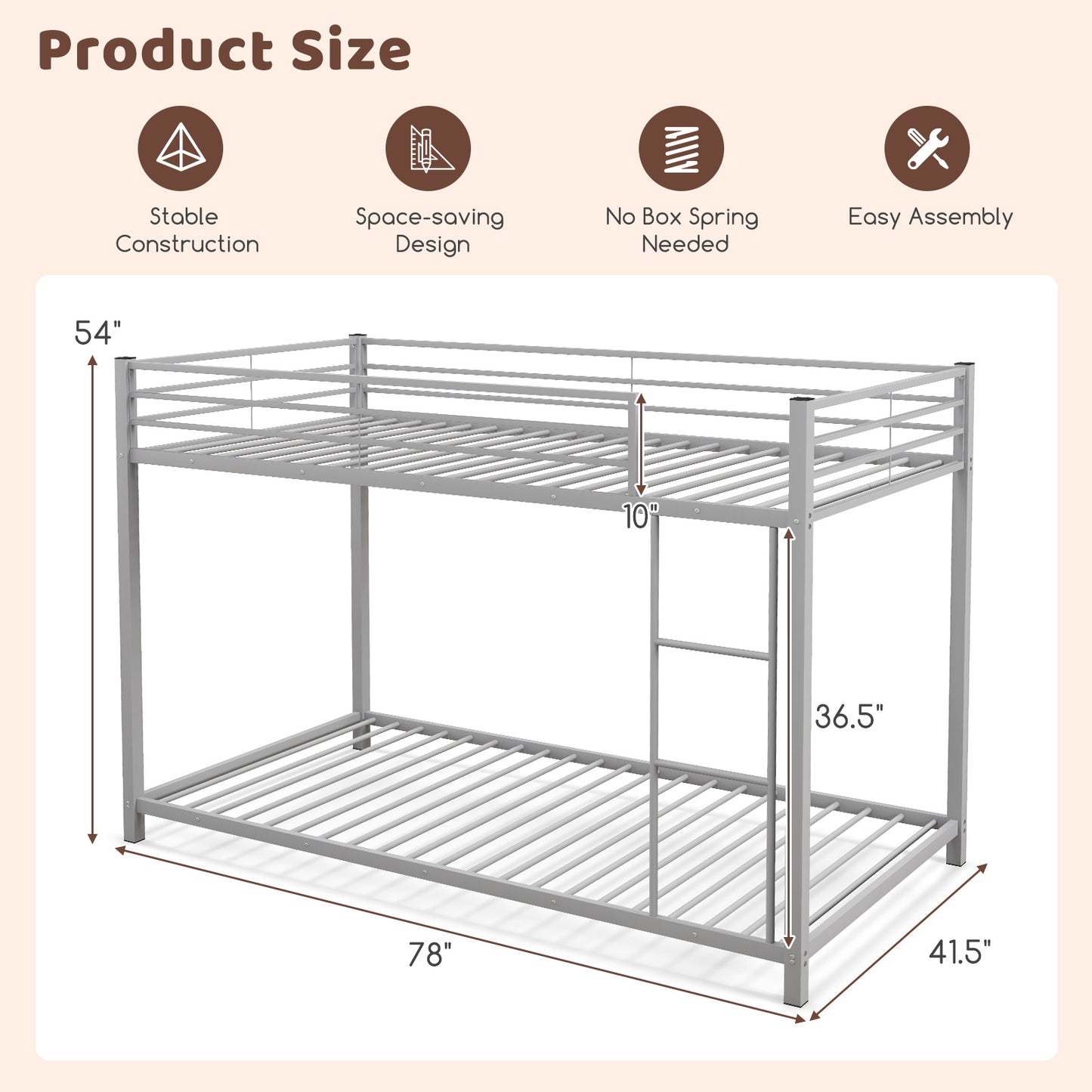 Low Profile Twin Over Twin Metal Bunk Bed with Full-length Guardrails-Silver Kids Crystal