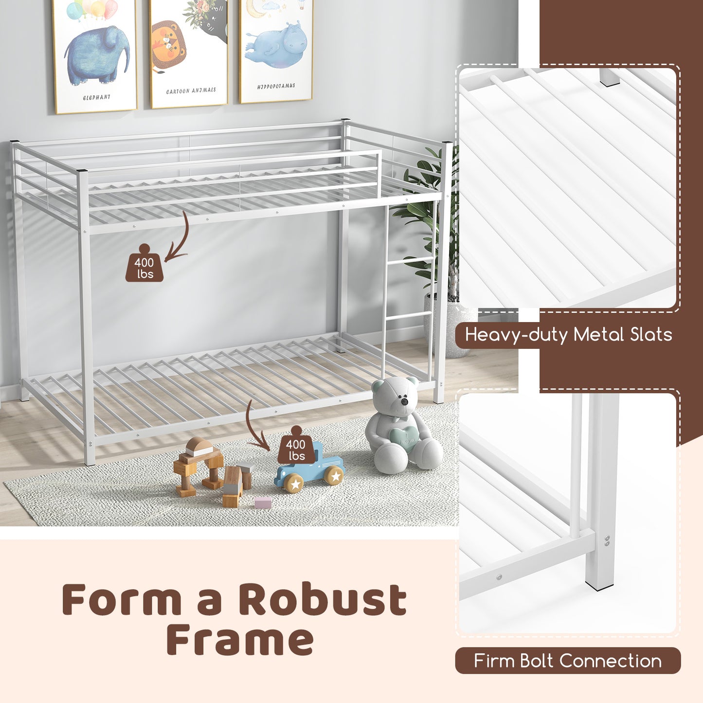 Low Profile Twin Over Twin Metal Bunk Bed with Full-length Guardrails-White Kids Crystal