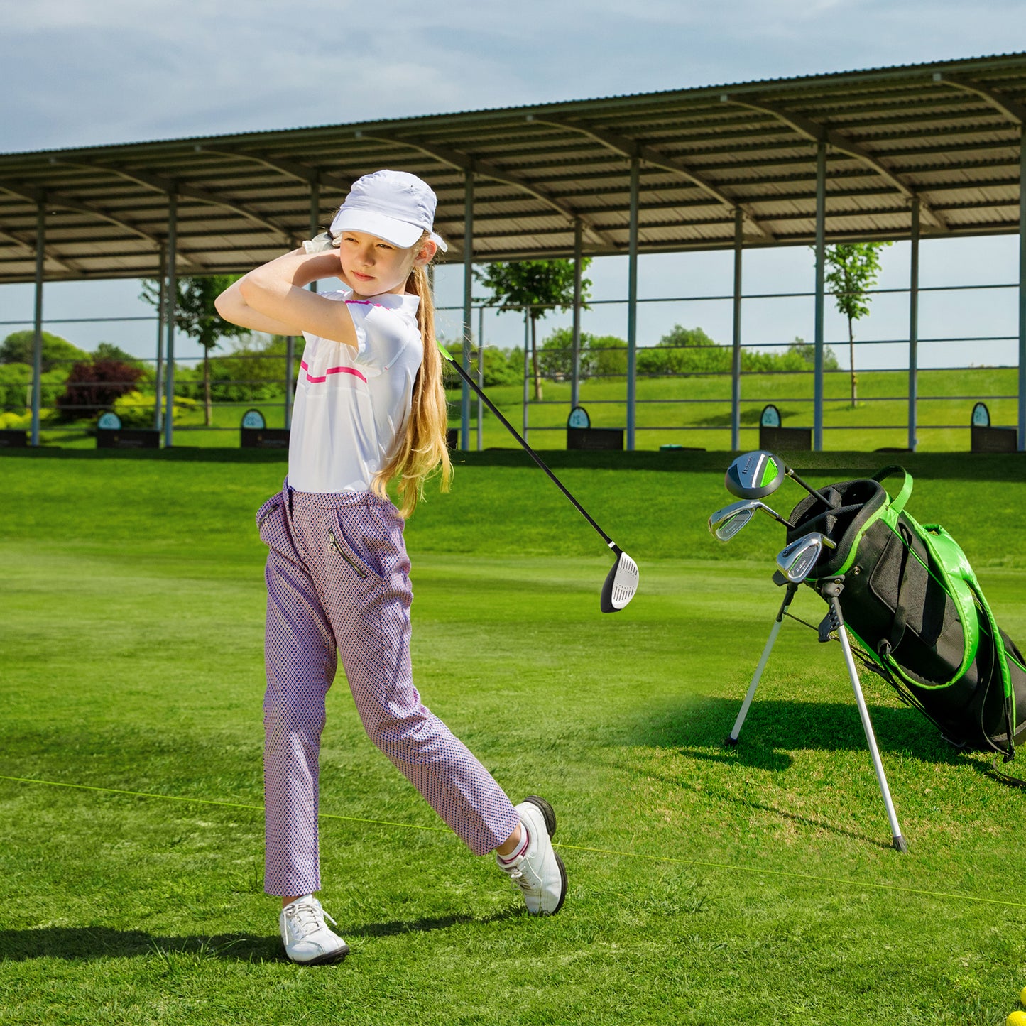 Junior Complete Golf Club Set with Stand Bag Rain Hood-Green Kids Crystal