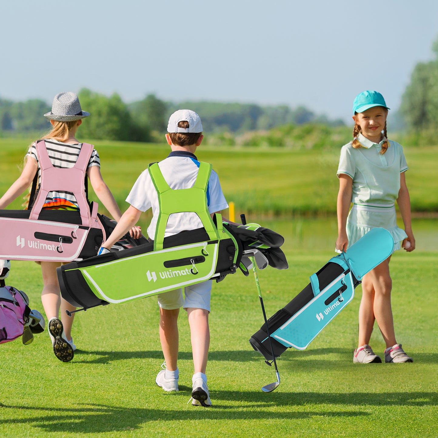 Junior Complete Golf Club Set with Stand Bag Rain Hood-Green Kids Crystal