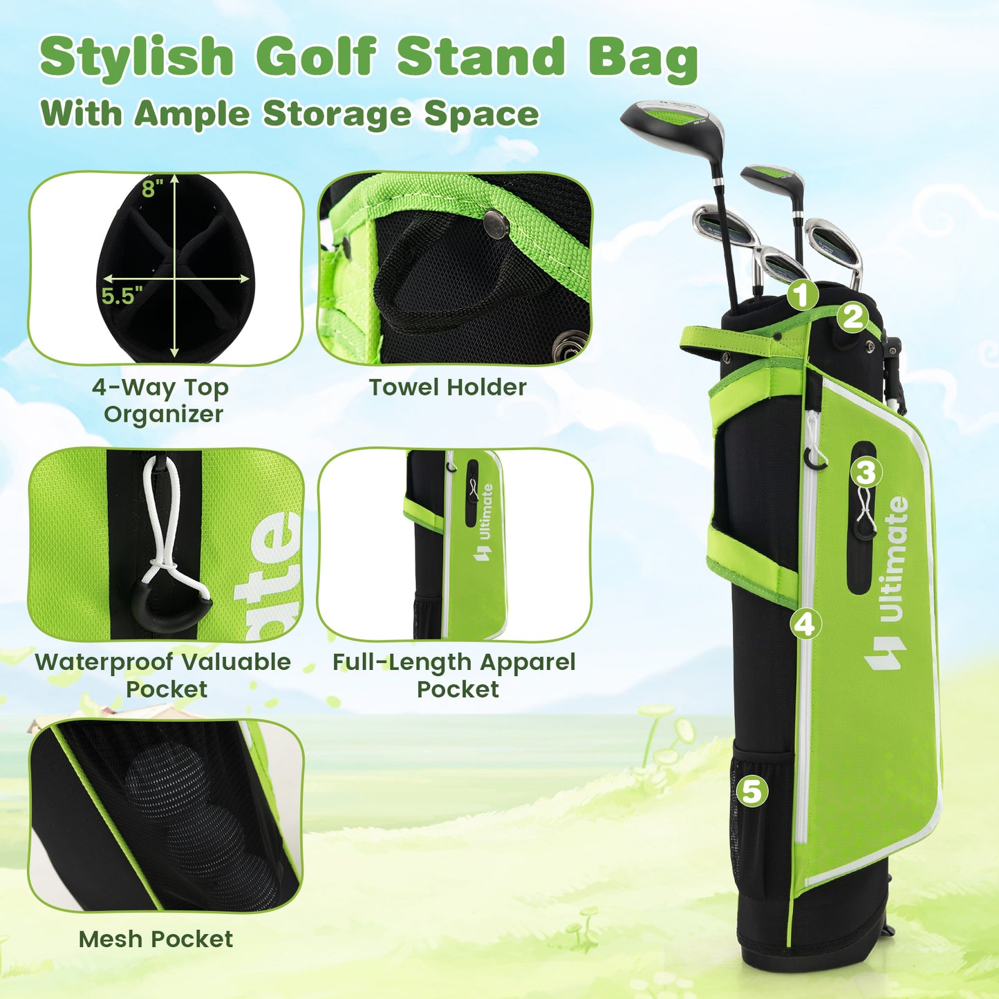 Junior Complete Golf Club Set with Stand Bag Rain Hood-Green Kids Crystal