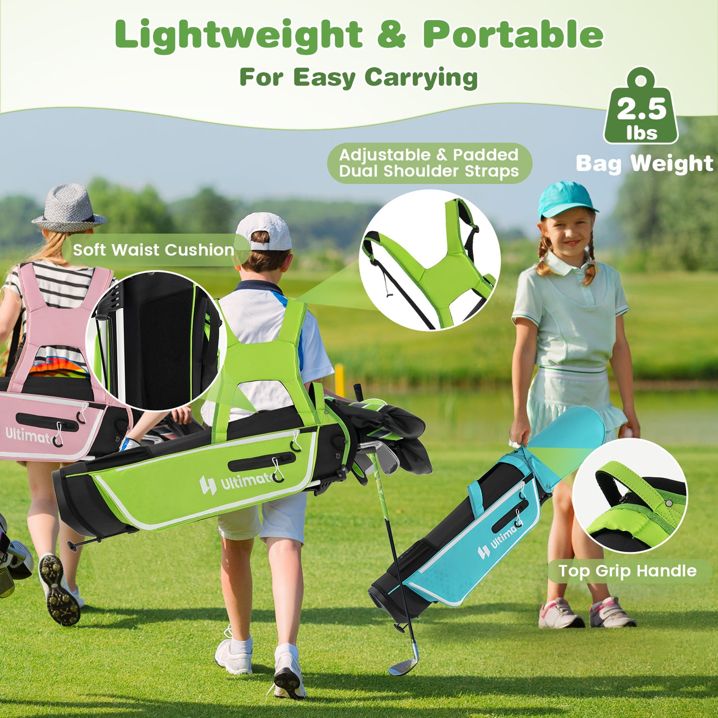 Junior Complete Golf Club Set with Stand Bag Rain Hood-Green Kids Crystal