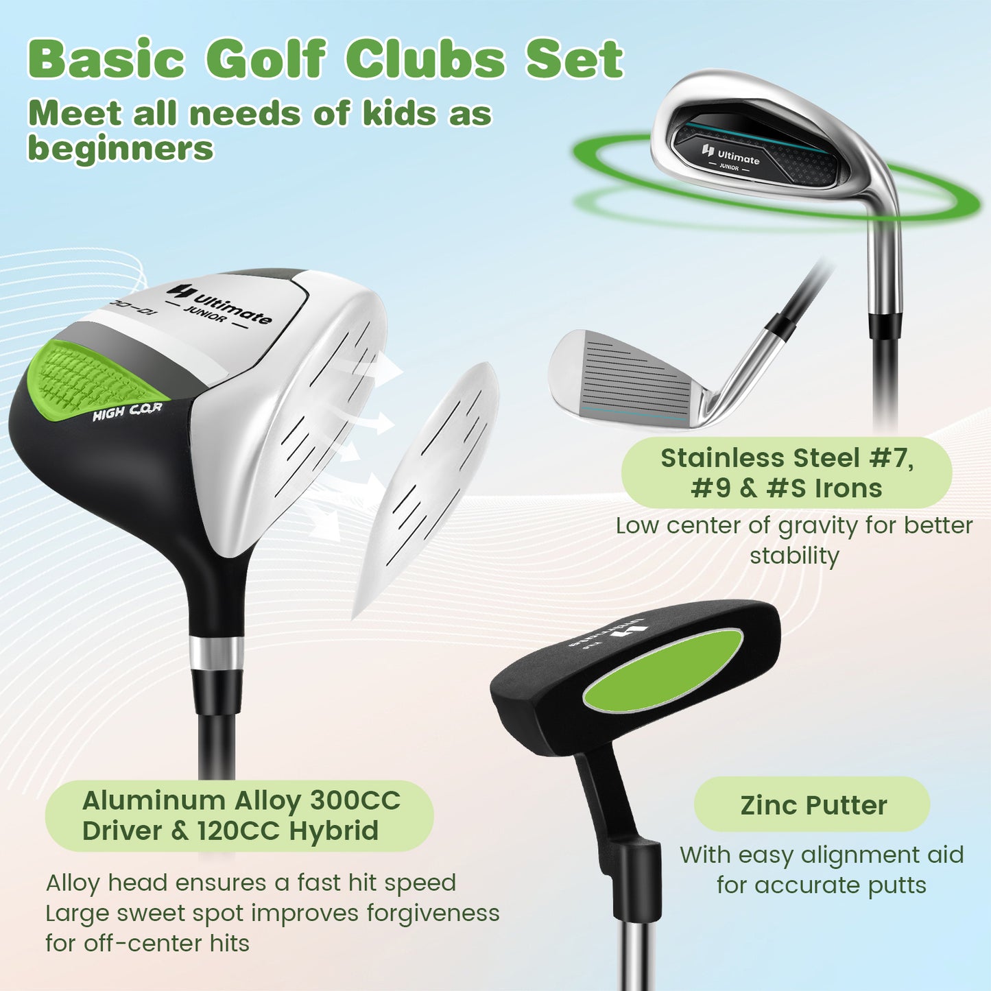 Junior Complete Golf Club Set with Stand Bag Rain Hood-Green Kids Crystal