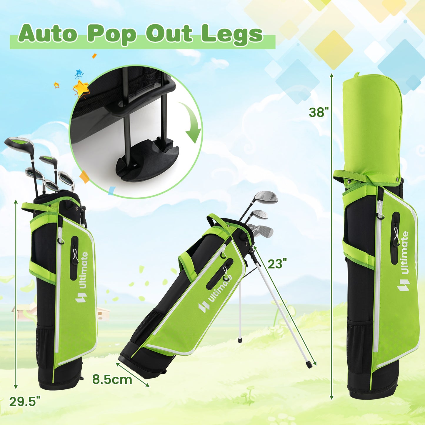 Junior Complete Golf Club Set with Stand Bag Rain Hood-Green Kids Crystal