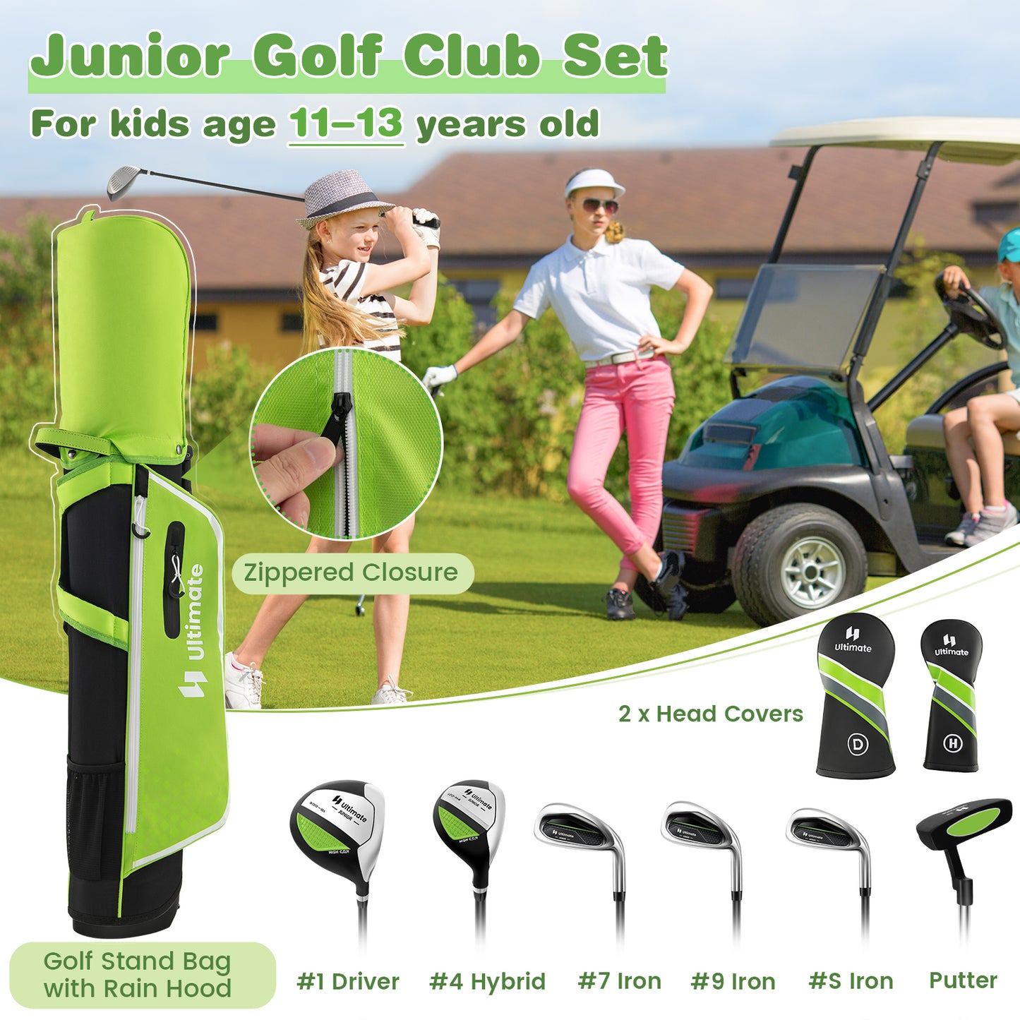 Junior Complete Golf Club Set with Stand Bag Rain Hood-Green Kids Crystal