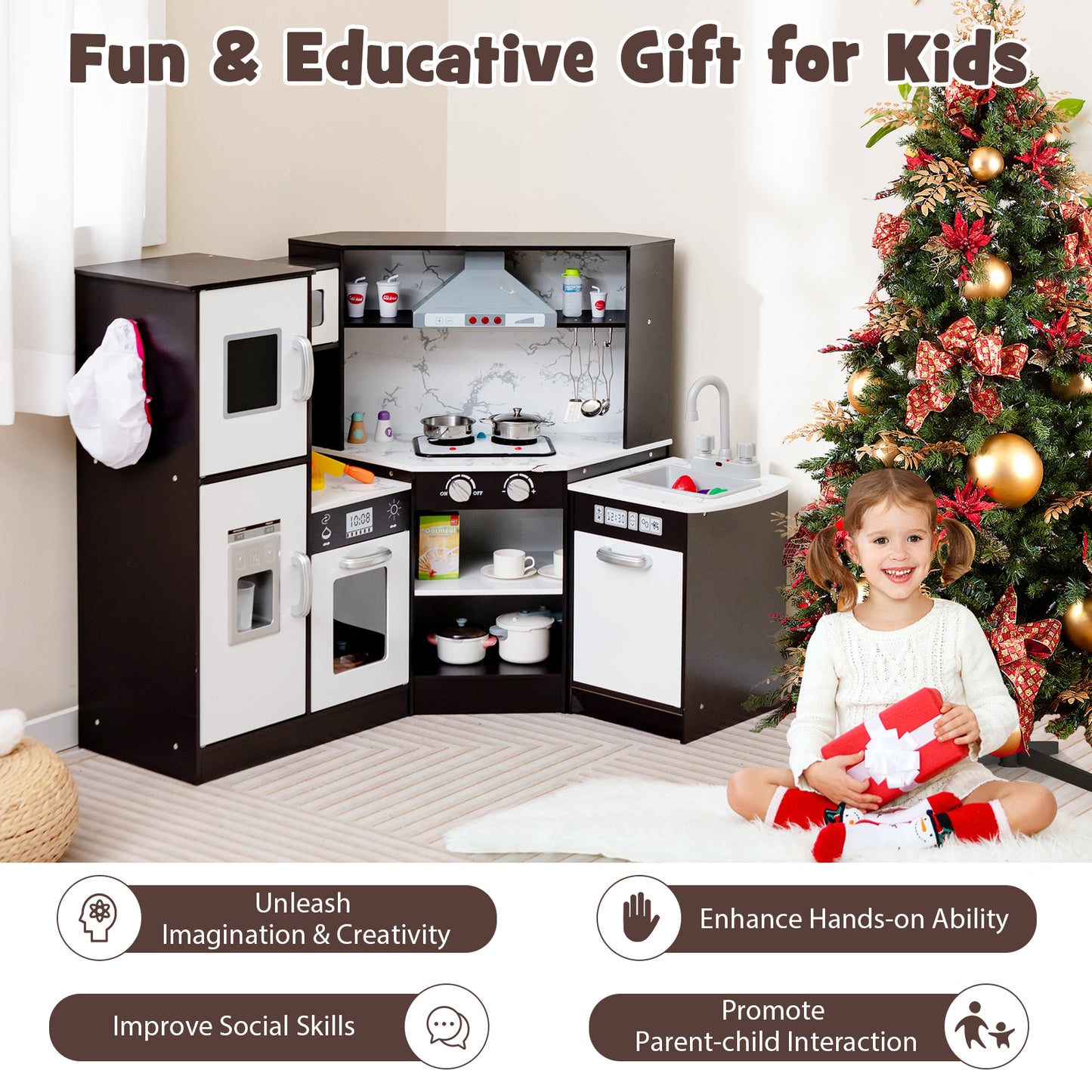 Kids Corner Pretend Kitchen Playset with Separated Washing Basin-Coffee Kids Crystal