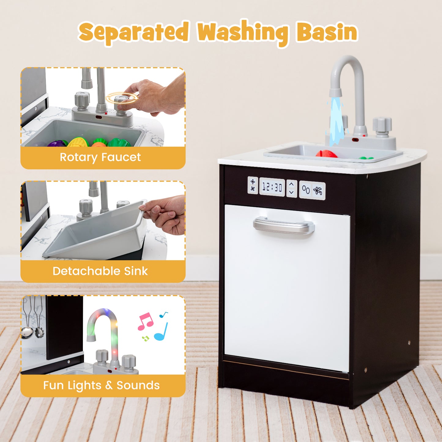 Kids Corner Pretend Kitchen Playset with Separated Washing Basin-Coffee Kids Crystal
