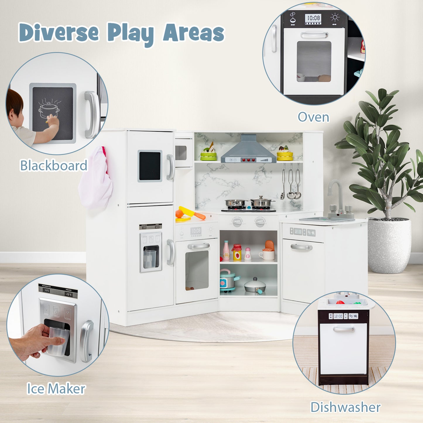 Kids Corner Pretend Kitchen Playset with Separated Washing Basin-White Kids Crystal