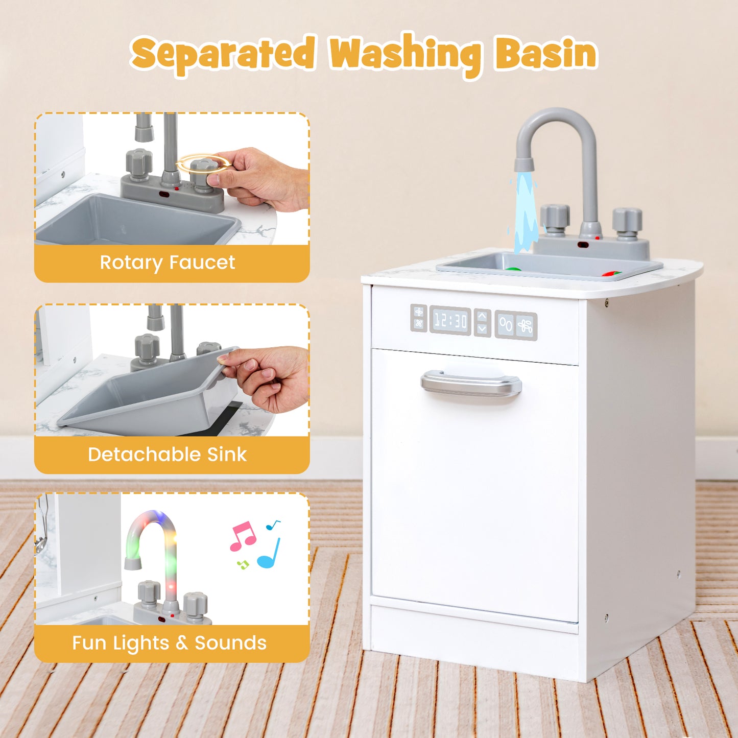 Kids Corner Pretend Kitchen Playset with Separated Washing Basin-White Kids Crystal