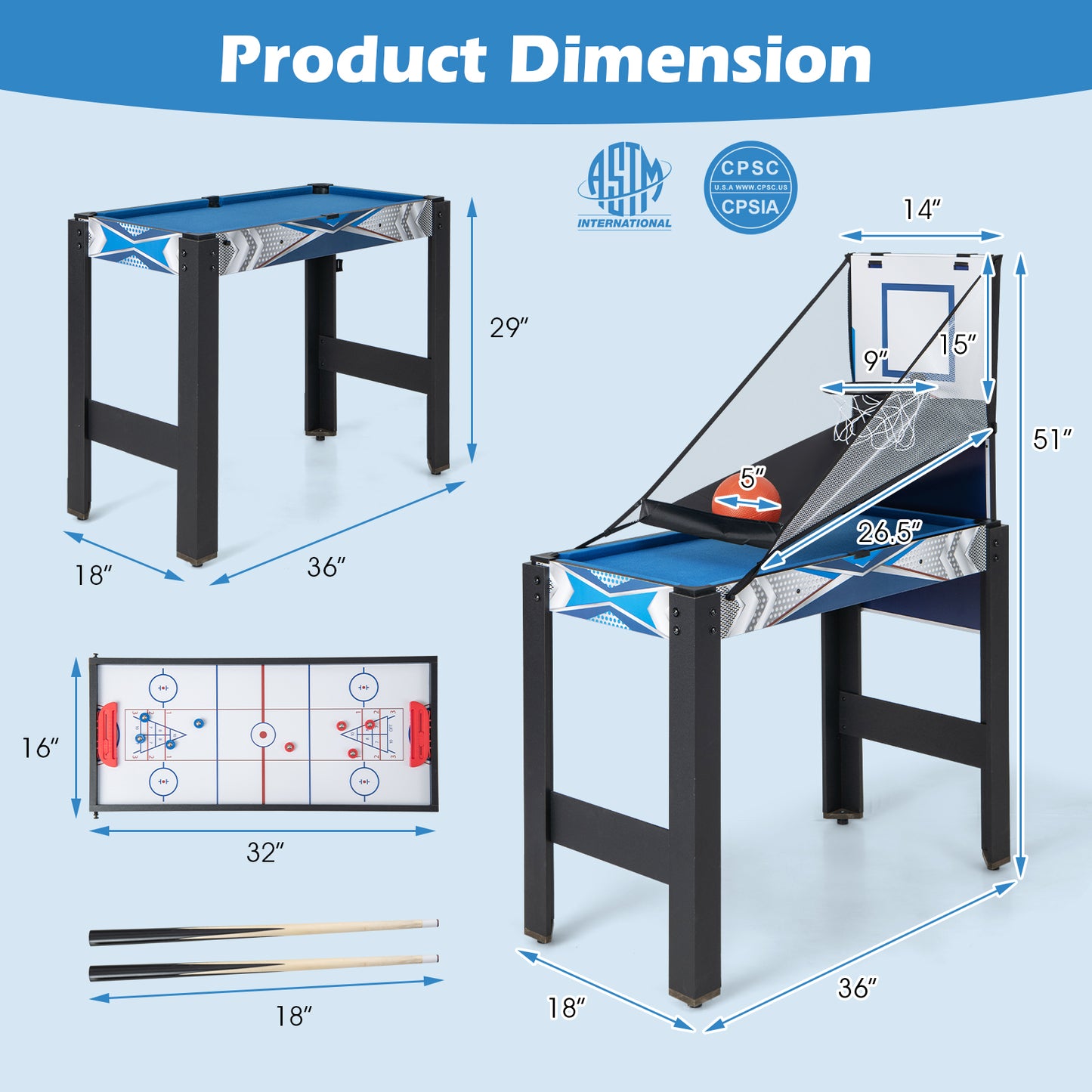 6-In-1 Combo Game Table with Basketball Billiards Ping Pong Hockey Shuffleboard Kids Crystal