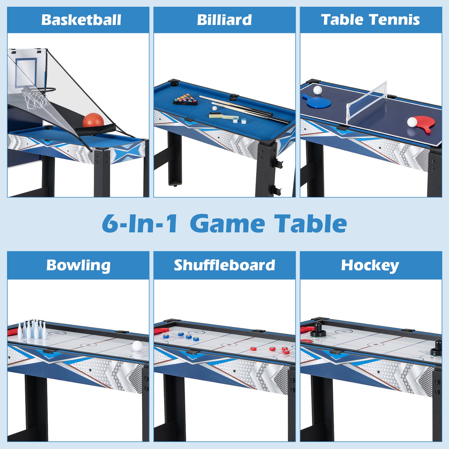 6-In-1 Combo Game Table with Basketball Billiards Ping Pong Hockey Shuffleboard Kids Crystal